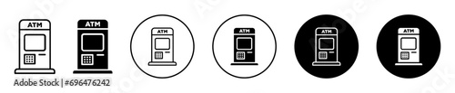 Atm icon. automated teller machine electronic banking outlet to withdraw through credit or debit card transaction at atm branch logo symbol set. finance banking cash withdrawal machine vector