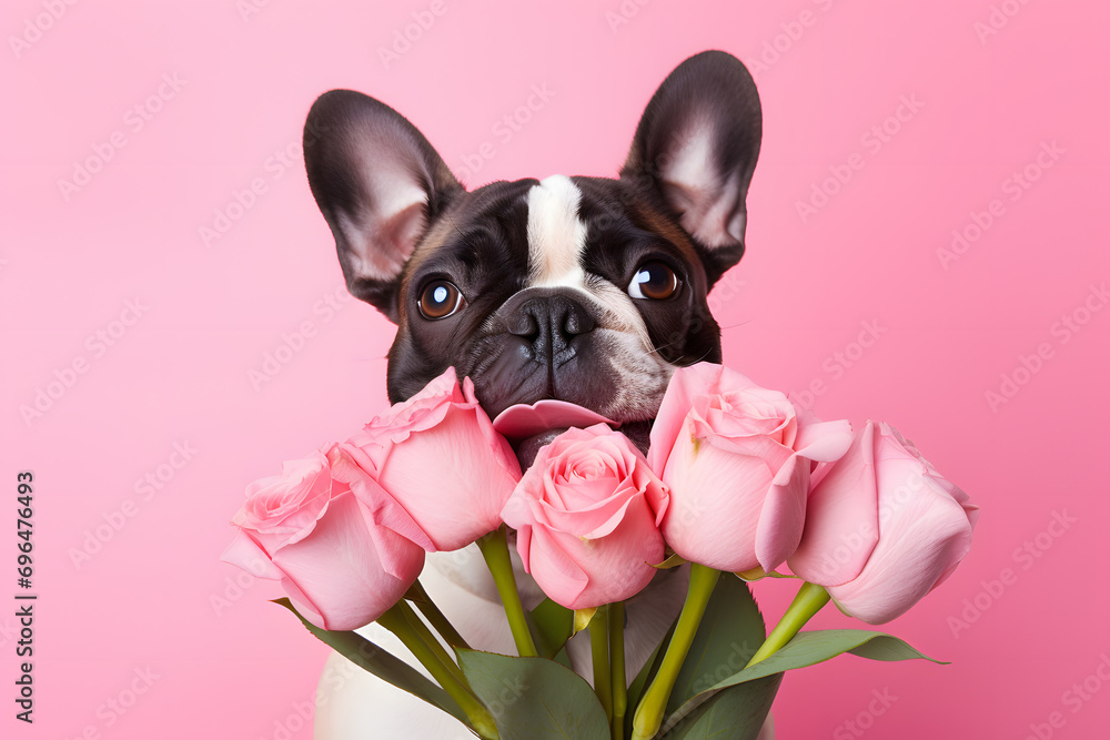 Black and white French Bulldog dog with bouquet of pink rose flowers in front of pastel pink studio background
