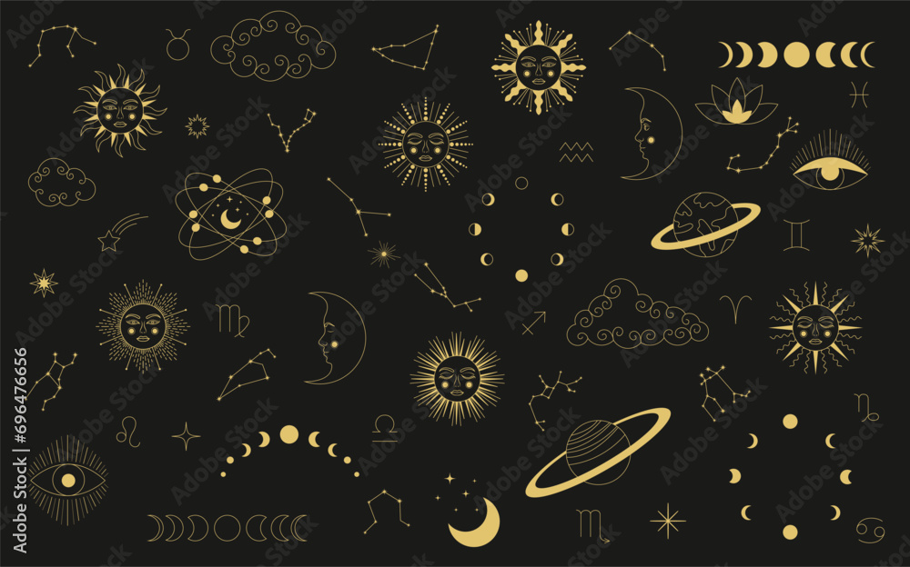 Celestial mystical astrology. Set of celestial mystic esoteric elements. Mystic moon, sun, star, zodiac symbols and constellation vector set.