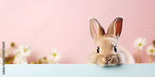 Cute Easter bunny peeking over blue board with pastel pink background with flowers photo