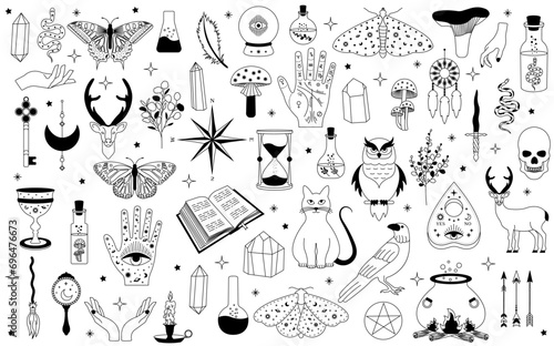 Witchy magic set. Set of witchcraft items. Collection of witchy magic and esoteric equipment. Vector illustration of mythical elements. photo