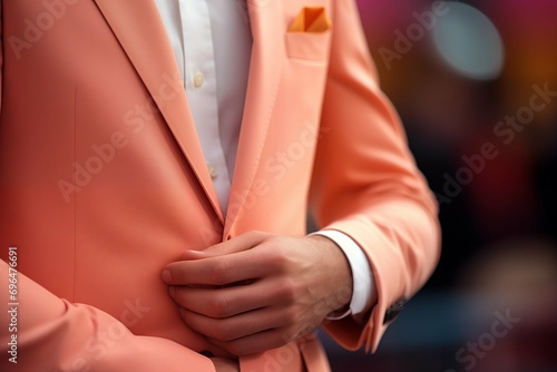 A business man in a jacket  the color is peach fuzz.