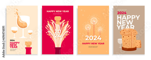 Set of Happy New Year greeting cards. Vector illustration concepts for poster graphic and web design, social media banner, marketing material.