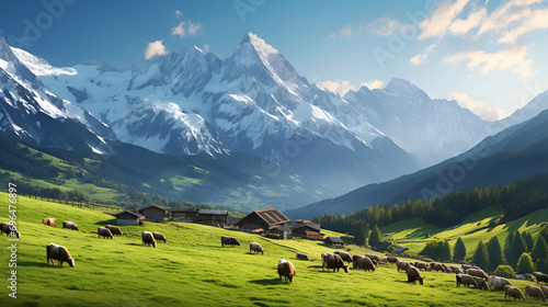 alpine landscape during springtime with warm golden morning light