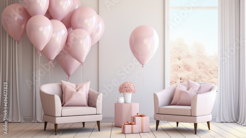 sal  n decorado con butacas rosas  mesa y paquetes regalo  sobre fondo de pared decorada con globos rosas y gran ventanal con vistas al bosque