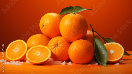 orange frutis with green leaves on isolated orange background with space for text and custom graphics
