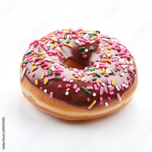Isolated decorated donut on white background with chocolate glazing and colorful sugar sprinkles