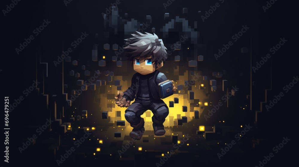 child in pixel art style on cubic background