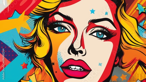 Graphic illustration of a woman s face in pop art style on a multi color background with space for text and customizable graphic elements