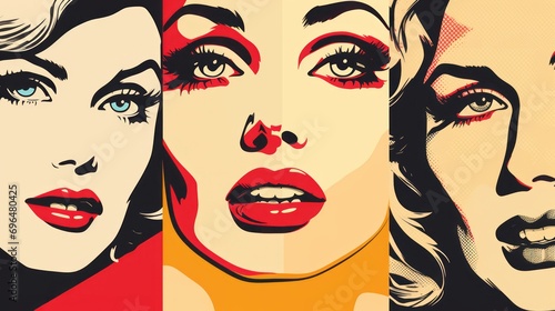 Graphic illustration of a woman's face in pop art style on a beige background with space for text and customizable graphic elements