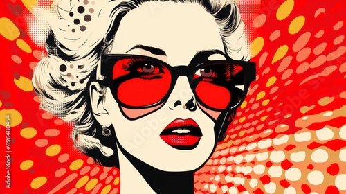 Graphic illustration of a woman's face in pop art style on a red background with space for text and customizable graphic elements