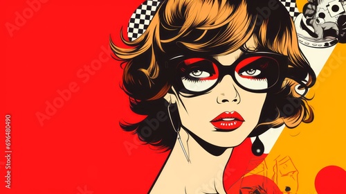 Graphic illustration of a woman s face in pop art style on a red background with space for text and customizable graphic elements