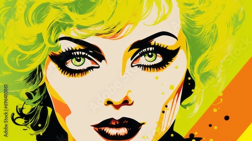 Graphic illustration of a woman s face in pop art style on a yellow background with space for text and customizable graphic elements