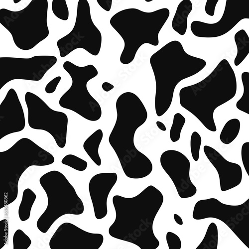 Black and white spotted cow skin texture background. To design square banners, postcards, social media posts. Themes of farming, dairy products, milk, organic food. © alexanderze