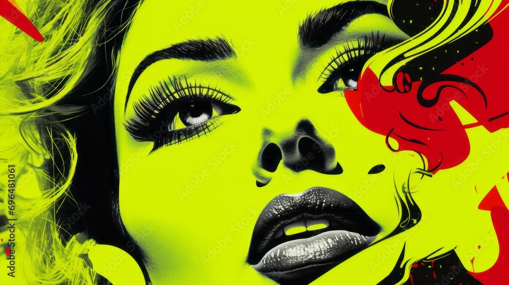 Graphic illustration of a woman's face in pop art style on a yellow background with space for text and customizable graphic elements Graphic illustration of a woman's face in pop art style on a yellow background with space for text and customizable graphic elements