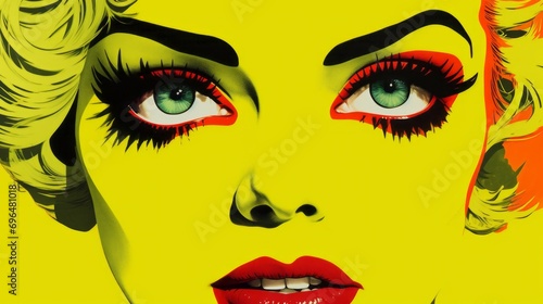 Graphic illustration of a woman's face in pop art style on a yellow background with space for text and customizable graphic elements