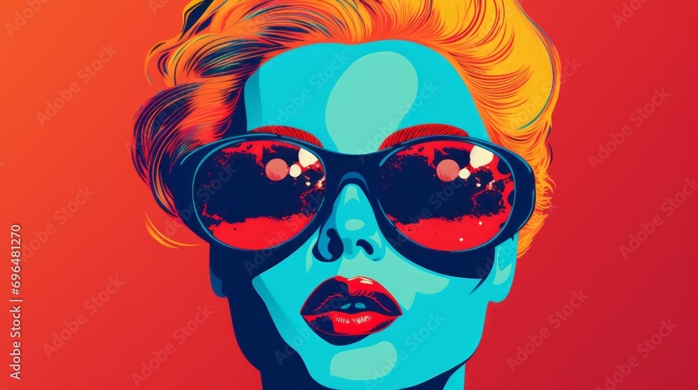 Graphic illustration of a woman's face in pop art style on a blue background with space for text and customizable graphic elements