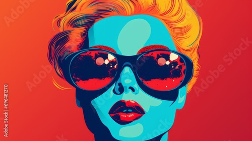 Graphic illustration of a woman's face in pop art style on a blue background with space for text and customizable graphic elements