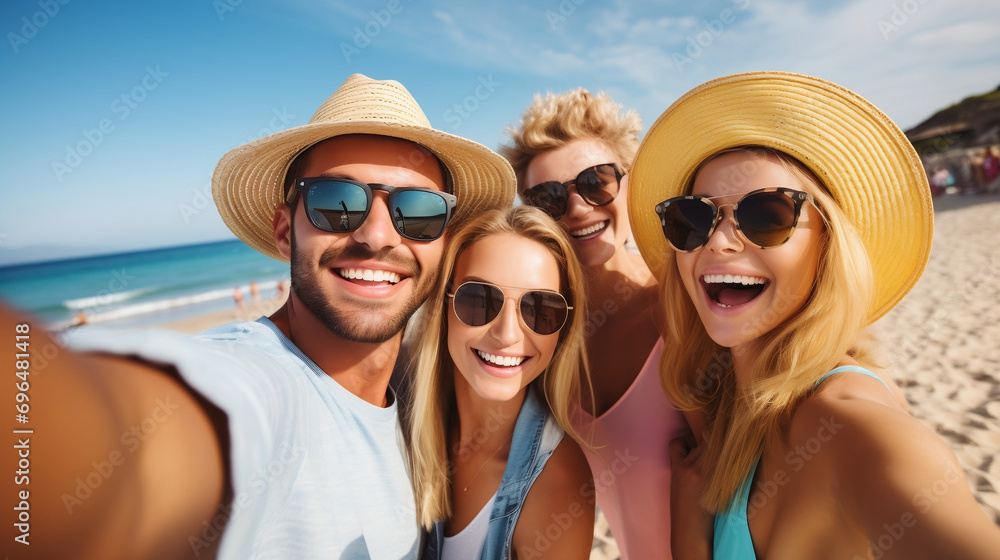 Obraz premium Happy group of friends taking selfie enjoying summer vacation at the beach