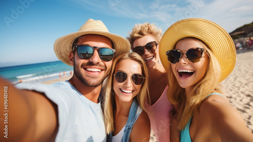 Happy group of friends taking selfie enjoying summer vacation at the beach