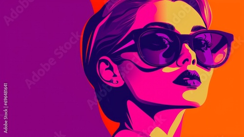 Graphic illustration of a woman's face in pop art style on a red isolated background with space for text and customizable graphic elements