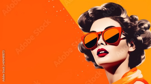 Illustration of a young woman's face with glasses in pop art style on an orange background for graphic advertising cover