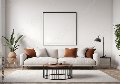 Frame mockup, ISO A paper size. Living room poster mockup. Interior mockup with house white background. Modern interior design. 3D render