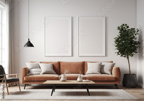 Frame mockup, ISO A paper size. Living room poster mockup. Interior mockup with house white background. Modern interior design. 3D render