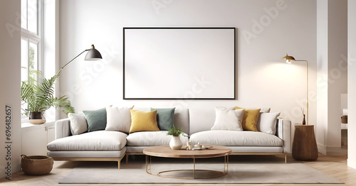 Frame mockup, ISO A paper size. Living room poster mockup. Interior mockup with house white background. Modern interior design. 3D render