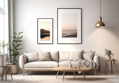 Frame mockup, ISO A paper size. Living room poster mockup. Interior mockup with house white background. Modern interior design. 3D render