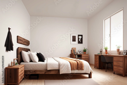Immersive Comfort: 3D Animation Showcasing a Rustic Bed in a Modern Minimalist Space © Lisa_Wang