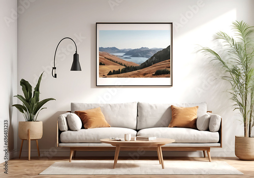 Frame mockup, ISO A paper size. Living room poster mockup. Interior mockup with house white background. Modern interior design. 3D render