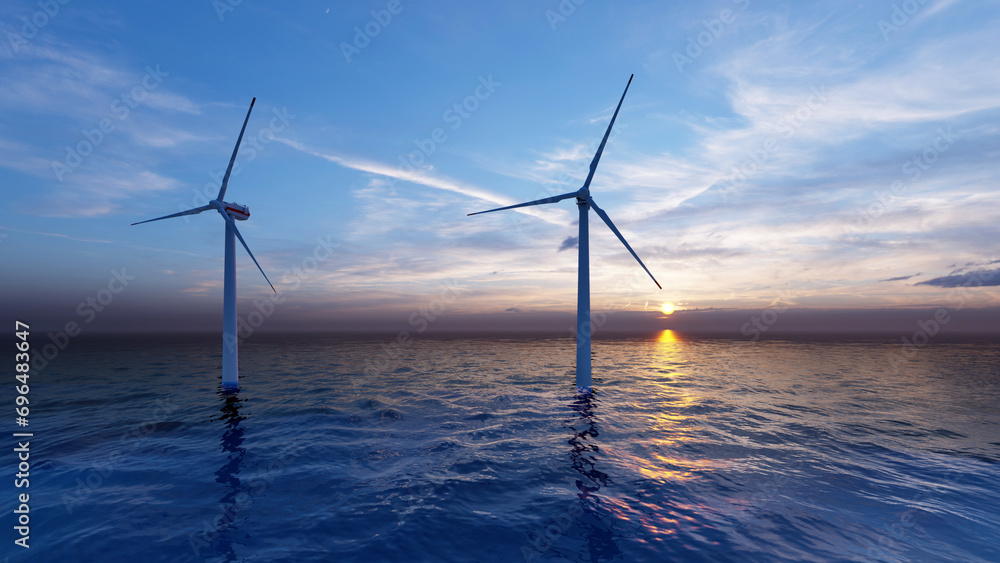 Offshore wind turbines farm on the ocean. Sustainable energy production, clean power. Close-up wind turbine. 