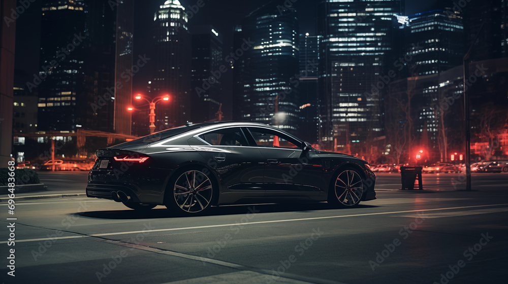 An image of a luxury car in the road at night