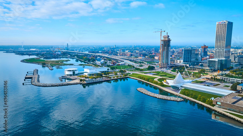 Aerial View of Milwaukee Waterfront and Skyline with Iconic Pavilion photo