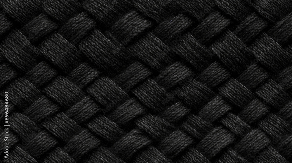 Textile tile pattern with black weaven wool background. Intricate textile pattern. Wool knitted tile for pattern and repeat. Texture of black textile wool - obrazy, fototapety, plakaty 