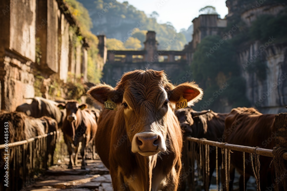 A cow crosses a bridge, close-up picture
