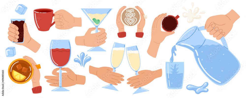 Hands holding different drinks and beverages. Water, tea, coffee, cocoa, soda, wine, champagne, martini. Water drops, ice cubes and splash. Vector illustration in doodle style Hands holding different drinks and beverages. Water, tea, coffee, cocoa, soda, wine, champagne, martini. Water drops, ice cubes and splash. Vector illustration in doodle style