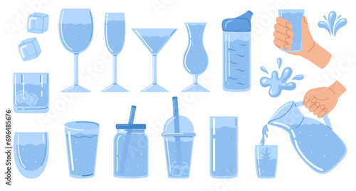Water set. Drinking water in different plastic and glass glasses, goblet, decanter. Water drops, ice cubes and splash. H2O. Vector illustration in doodle style 