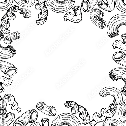 Hand drawn vector ink illustration. Types of pasta Italian cuisine, elbows penne rigatoni cavatappi spirals. Square border frame isolated on white. Restaurant menu, food shop and package, flyer print.