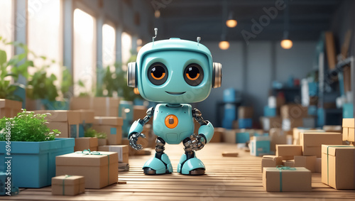 Cute cartoon robot with boxes factory