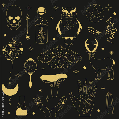 Witchy magic set. Set of witchcraft items. Collection of witchy magic and esoteric equipment. Vector illustration of mythical elements.