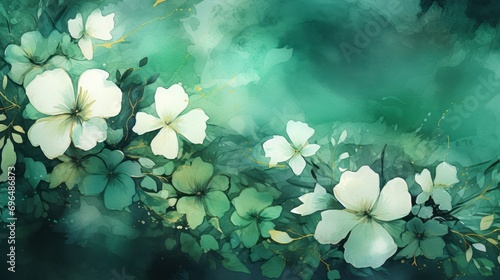 spring flowers in the garden, watercolor style, emerald background