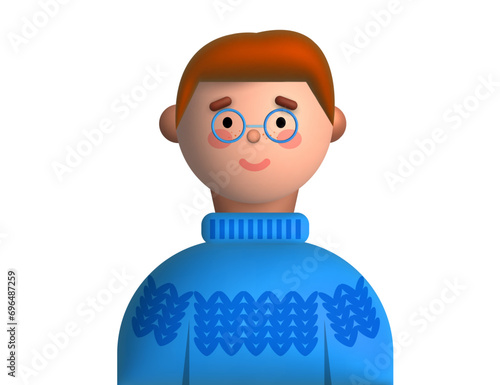 3D man or boy avatar with ginger  hairs and modern haircut and glasses in blue sweater, cute face smile, young school teen cartoon character. kindergarten head collection. EPS 10 vector.