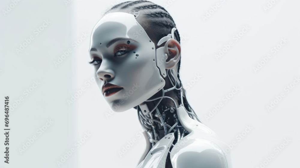 A woman cyborg robotics android as afroamerican robotics aspect. White lucid shell for bionic cyborg and afro americans inclusion. Black robotic lifes