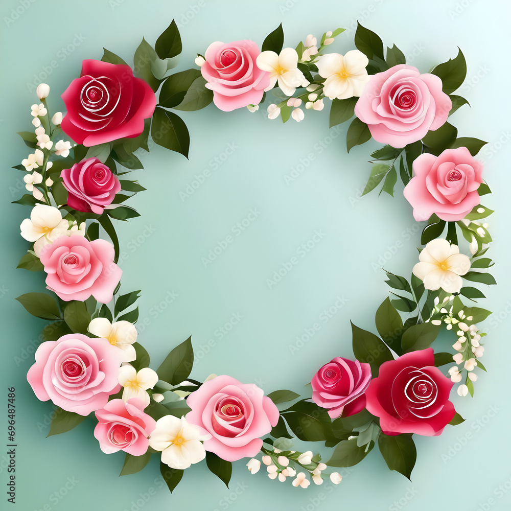 roses and flowers floral wreath or greeting card mockup. frame with roses
