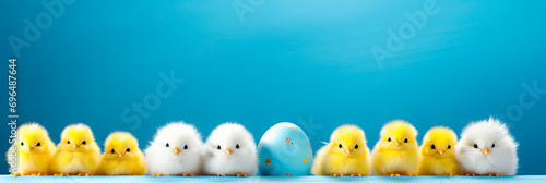 easter background with yellow chicks and colorful eggs on blue wooden background