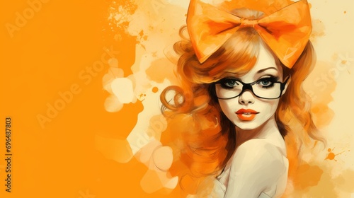 Woman's face with orange hair, a large orange bow on the hair, on a neutral orange background with space for text