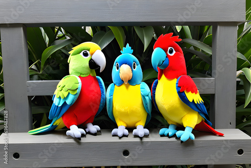 set of 3 stuffed animal parrot toys. three parrots on a branch. Children's soft toy animals