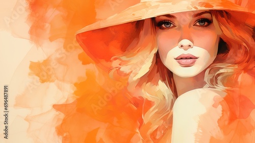 Young woman with a large orange hat in watercolor style
